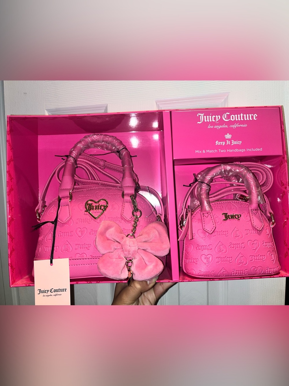 Juicy Couture Hot Pink Mini Bow Satchel Set with Heart Logo Charm